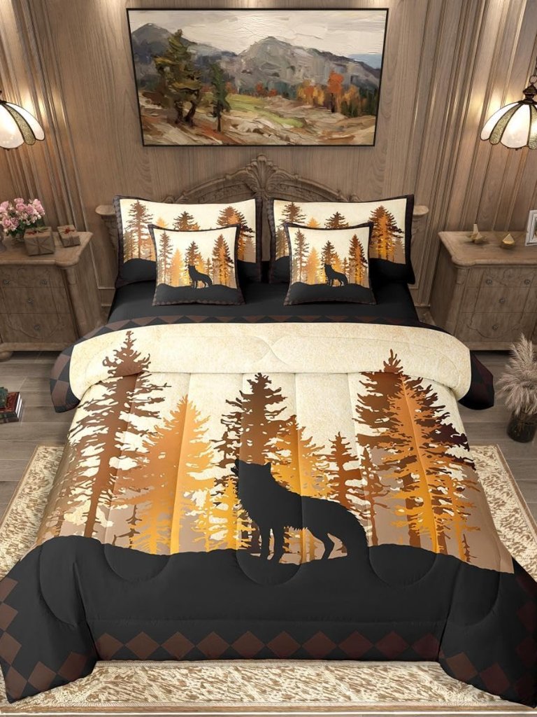 Rustic Cabin Twin Comforter Set With Sheets Woodland Wildlife Wolf 7 Piece Beddi
